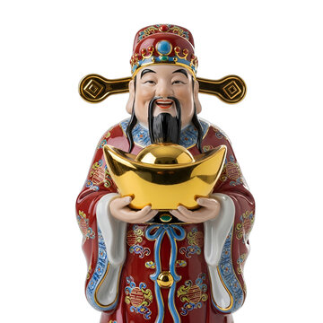 Ornate Chinese God of Wealth figurine, Cai Shen, holding a golden ingot, symbolizing prosperity and good fortune. Ideal for Lunar New Year, business openings, cultural celebrations,