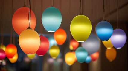 Various colorful balloon lights are hung at different heights with soft ambient light.