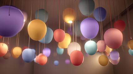 Various colorful balloon lights are hung at different heights with soft ambient light.