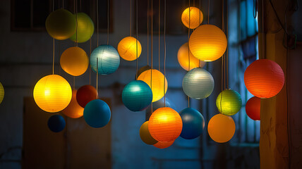 Various colorful balloon lights are hung at different heights with soft ambient light.
