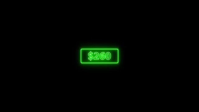 Abstract green neon 5 hundred dollar counter animation on black screen. 500 dollar counting. Counting money, Digital currency dollar counter from 0 to 500.