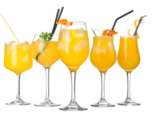 Five refreshing orange drinks on clear stems