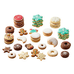 There are cookies in different shapes and sizes, representing various holiday themes such as gingerbread houses, stockings, candy canes, snowflakes, trees, bells, reindeer and santa