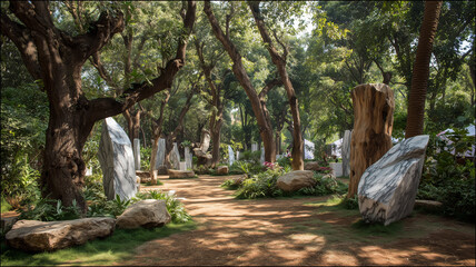 An outdoor art exhibition in a park setting with sculptures displayed among trees and greenery.