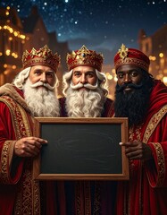 Tres Reyes Magos con coronas doradas y t&uacute;nicas elegantes posan sonrientes sosteniendo una pizarra vac&iacute;a, en una escena navide&ntilde;a m&aacute;gica bajo un cielo nocturno iluminado.