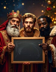 Tres Reyes Magos con coronas doradas y t&uacute;nicas elegantes posan sonrientes sosteniendo una pizarra vac&iacute;a, en una escena navide&ntilde;a m&aacute;gica bajo un cielo nocturno iluminado.