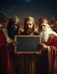 Tres Reyes Magos con coronas doradas y t&uacute;nicas elegantes posan sonrientes sosteniendo una pizarra vac&iacute;a, en una escena navide&ntilde;a m&aacute;gica bajo un cielo nocturno iluminado.