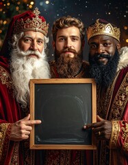 Tres Reyes Magos con coronas doradas y t&uacute;nicas elegantes posan sonrientes sosteniendo una pizarra vac&iacute;a, en una escena navide&ntilde;a m&aacute;gica bajo un cielo nocturno iluminado.