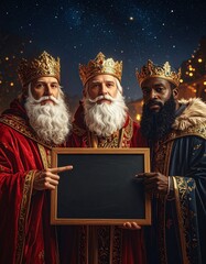 Tres Reyes Magos con coronas doradas y t&uacute;nicas elegantes posan sonrientes sosteniendo una pizarra vac&iacute;a, en una escena navide&ntilde;a m&aacute;gica bajo un cielo nocturno iluminado.