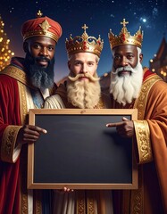 Tres Reyes Magos con coronas doradas y t&uacute;nicas elegantes posan sonrientes sosteniendo una pizarra vac&iacute;a, en una escena navide&ntilde;a m&aacute;gica bajo un cielo nocturno iluminado.