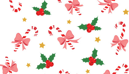 Christmas seamless pattern featuring red candy canes with pink bows holly berries and golden stars on a white background for holiday gift wrap and textile design