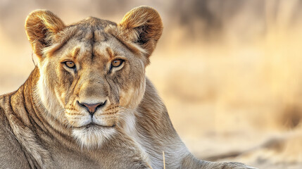 Obraz premium ferocity. Lioness portrait with intense gaze and detailed fur in golden savannah setting. wildlife magazines, conservation campaigns, designed for wildlife conservation campaigns. 