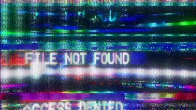 4K CRT glitch error screen animation, FILE NOT FOUND message on distorted digital interface, RGB scanlines, noise interference and chromatic signal breakup, corrupted system display, abstract screen