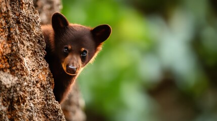 Adorable Brown Bear Cub Hiding Behind a Tree in the Woods