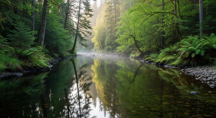 Obraz premium Calm River With Forest Reflections Peaceful Nature Travel