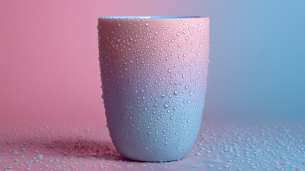 Pastel colored water glass with dew drops that give a fresh and clean look.