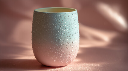Pastel colored water glass with dew drops that give a fresh and clean look.
