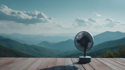 A portable fan on a wooden platform facing the mountains and blue sky.