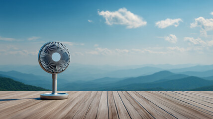 A portable fan on a wooden platform facing the mountains and blue sky.