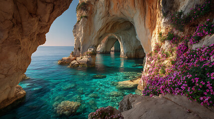 Tropical Sea Caves With Crystal Clear Turquoise Water And Pink Flowers ocean isolated on a transparent background