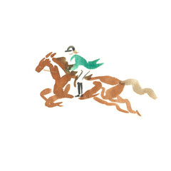 Abstract watercolour illustration, show jumping horse and rider