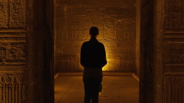 A female tourist admires the interior of the temple in Dendera or the temple of Hathor in Egypt. Ancient hieroglyphic carvings on the temple walls. The history of Egypt.