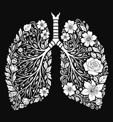 Human Anatomy, Floral Lungs Vector Art Botanical Medical Illustration For Respiratory Health Wellness Nature Flowers.