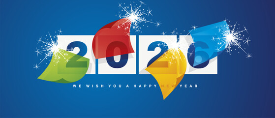 Happy New Year 2026 greeting card design template on blue background. Concept of the beginning of the New Year 2026. Colorful transparent pages turn in the wind and a new calendar year begins