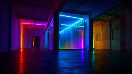 RGB LED lighting installations illuminate dark spaces with bright neon colors and dynamic lighting patterns.