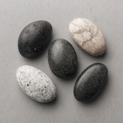 Black pebble and white pebble on gray surface. Polished stones with natural texture 