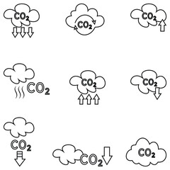 Obraz premium Low Carbon Dioxide and CO2 Emission Icon Set – Vector Collection of Stroke, Flat, and Editable Symbols for Environmental, Climate, and Sustainability Design