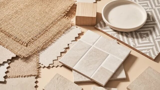 Interior Design Mood Board with Material Samples and Tiles