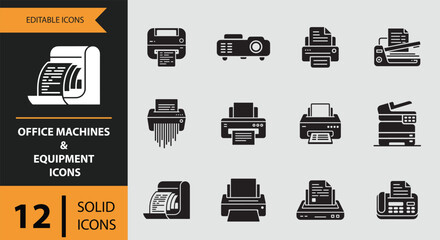Essential office machines and equipment solid icons for modern workplace productivity