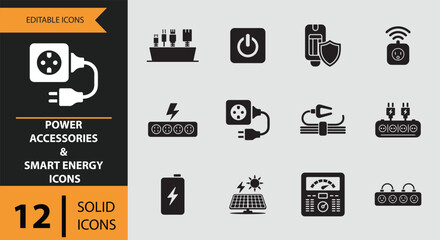 A collection of power accessories and smart energy solid icons for various electrical needs