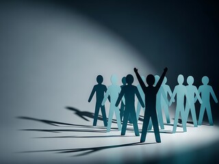 Blue Paper Figures Group with Long Shadows in Spotlight. Generative Ai