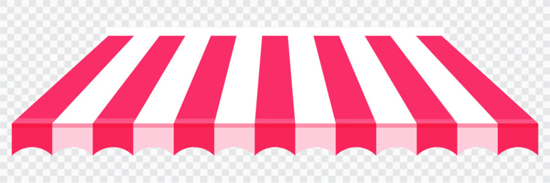 Awning tent canopy striped roof, sunshade. Cafe, shop or restaurant front view curtain. Rain protection awning for franchise stores