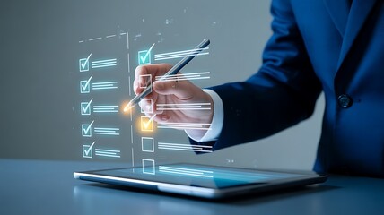 Businessman using digital checklist on tablet screen with stylus pen