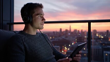 Young Man Using Tablet on Balcony with City Sunset View - Powered by Adobe