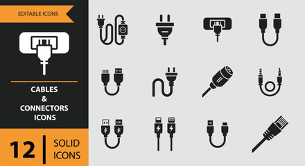 Solid editable icons set featuring a variety of common cables and electronic connectors