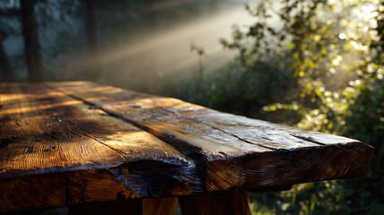A simple wooden table in the middle of the forest with a soft morning mist and sunlight filtering through the trees.