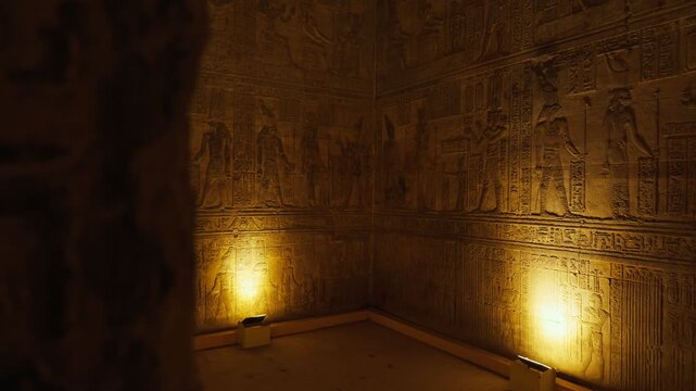 Ancient hieroglyphic carvings on the walls of the temple in Dendera or the temple of Hathor in Egypt. The ancient civilization of the Pharaohs of Egypt.