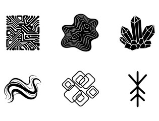 Abstract Digital Circuit, Organic Flow, Geometric Crystals, and Rune Symbol Icons Set