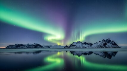 Aurora boreal en Noruega.
 Luces verdes del norte sobre las monta&ntilde;as.
 Cielo nocturno con luces polares.
 Paisaje nocturno invernal con aurora y reflejo en la superficie del agua.
 espalda natural