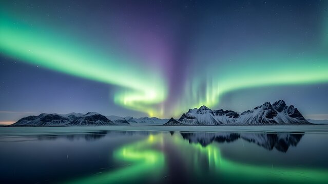 Aurora boreal en Noruega.
 Luces verdes del norte sobre las monta&ntilde;as.
 Cielo nocturno con luces polares.
 Paisaje nocturno invernal con aurora y reflejo en la superficie del agua.
 espalda natural