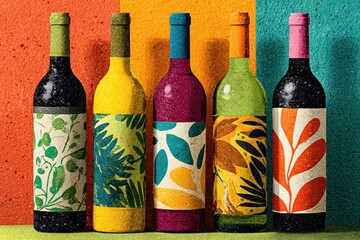 Variety of Colorful Wine Bottles: Five artfully designed wine bottles, each adorned with a unique label and a vibrant color palette, stand side-by-side, showcasing a range of styles.