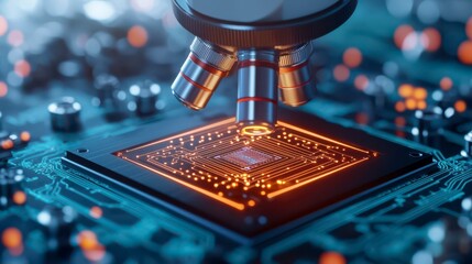 A close-up of a microscope examining a computer chip, highlighting intricate circuitry and glowing elements, showcasing technology and innovation.