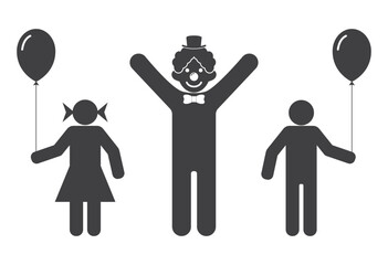 clown  with kids hold gift balloon in hand icon