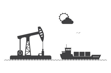 oil derrick pump tower platform in sea and cargo ship icon