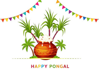 Pongal festival celebration with pot and palm trees isolated on transparent background