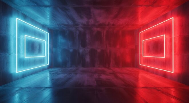 Futuristic dark room interior with contrasting neon blue and red glowing square light frames on concrete wall